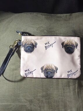Betsey Johnson Blush Pug Print Wristlet with Black Strap